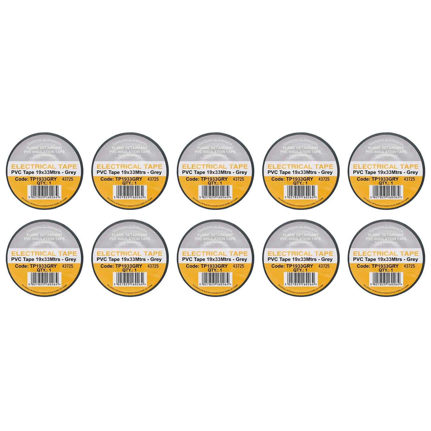 Grey PVC Electrical Insulation Tape, 19mm x 33m (Pack of 10)