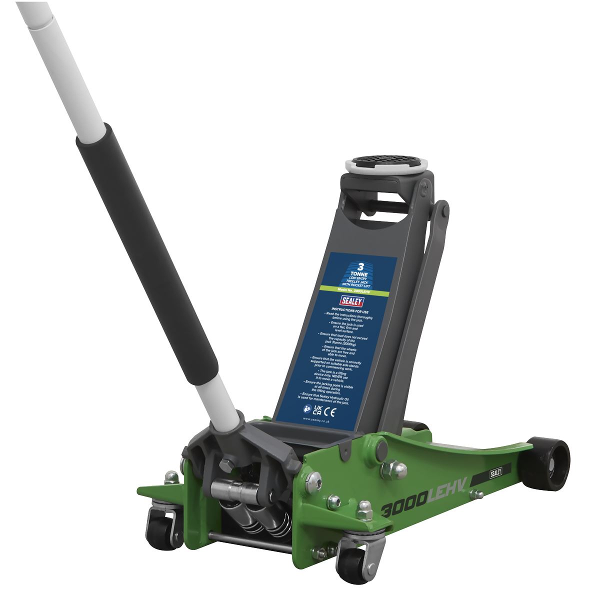 Sealey Trolley Jack 3 Tonne Low Profile Rocket Lift Hi-Vis Green 3000LEHV