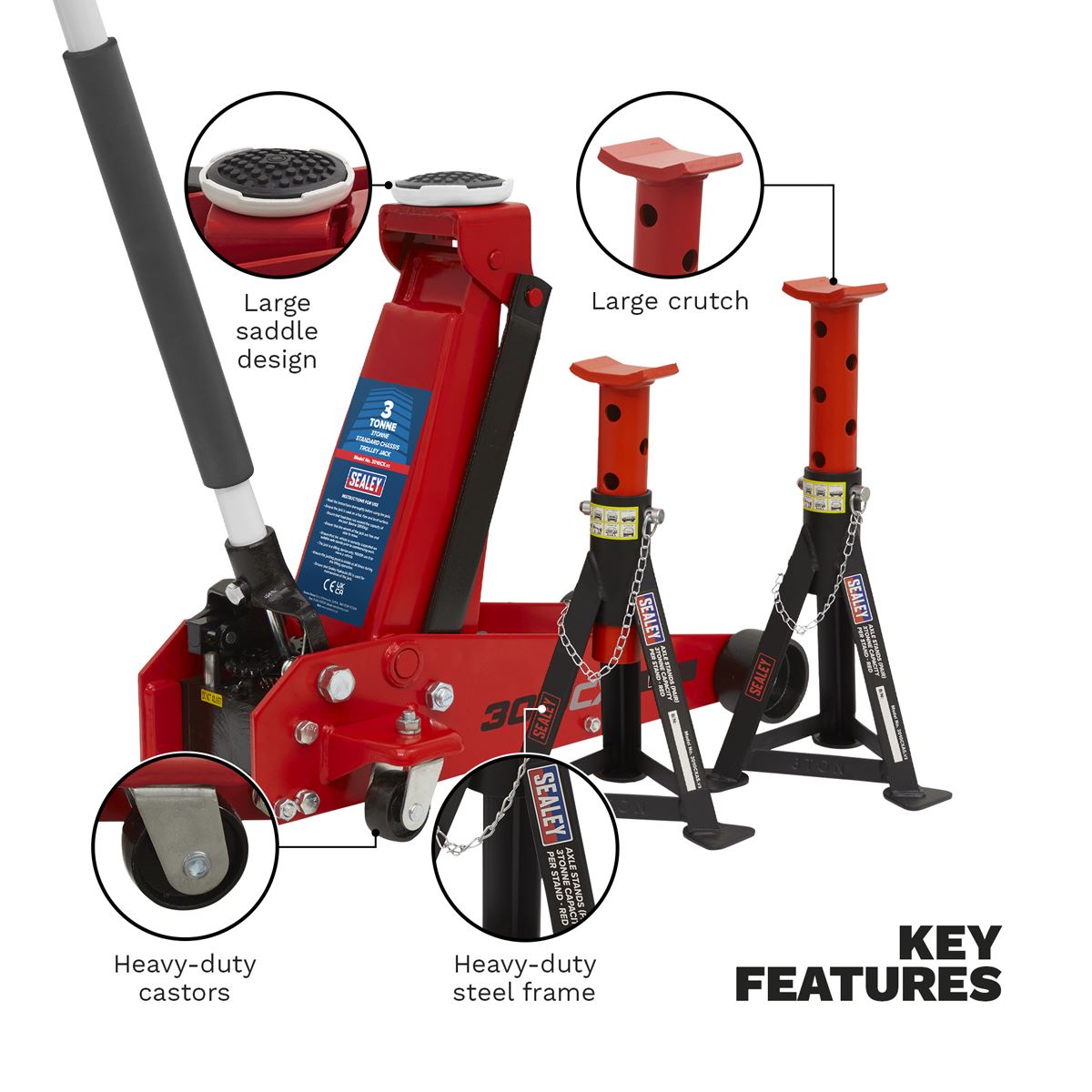Sealey Trolley Jack 3 Tonne Standard Chassis with Axle Stands (Pair) 3 Tonne Capacity per Stand 3010CX