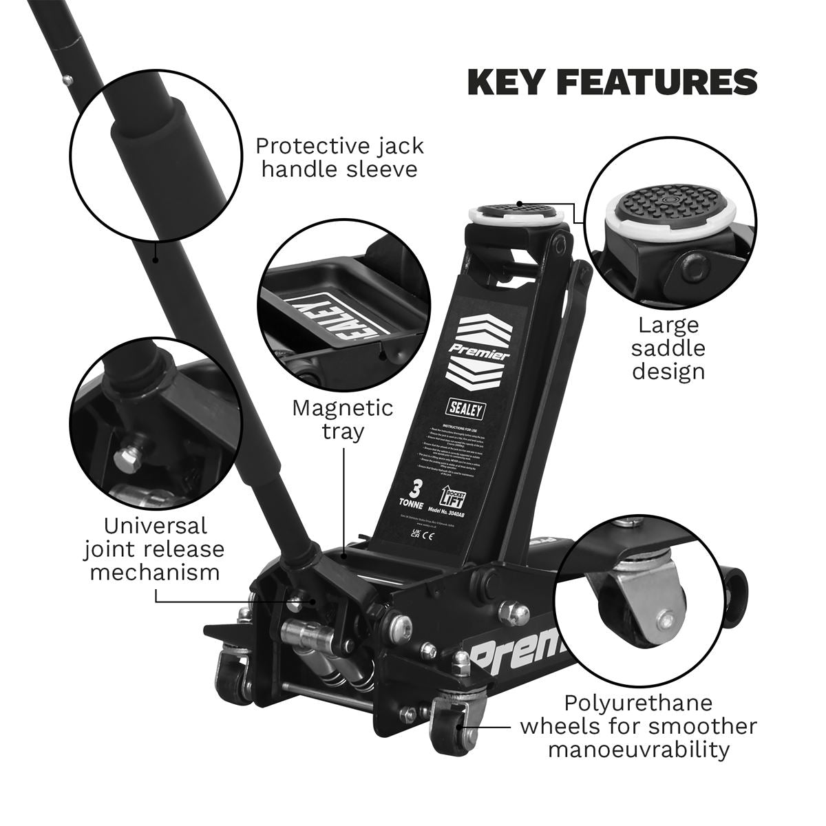 Sealey Trolley Jack 3 Tonne Low Profile Rocket Lift Black 3040AB