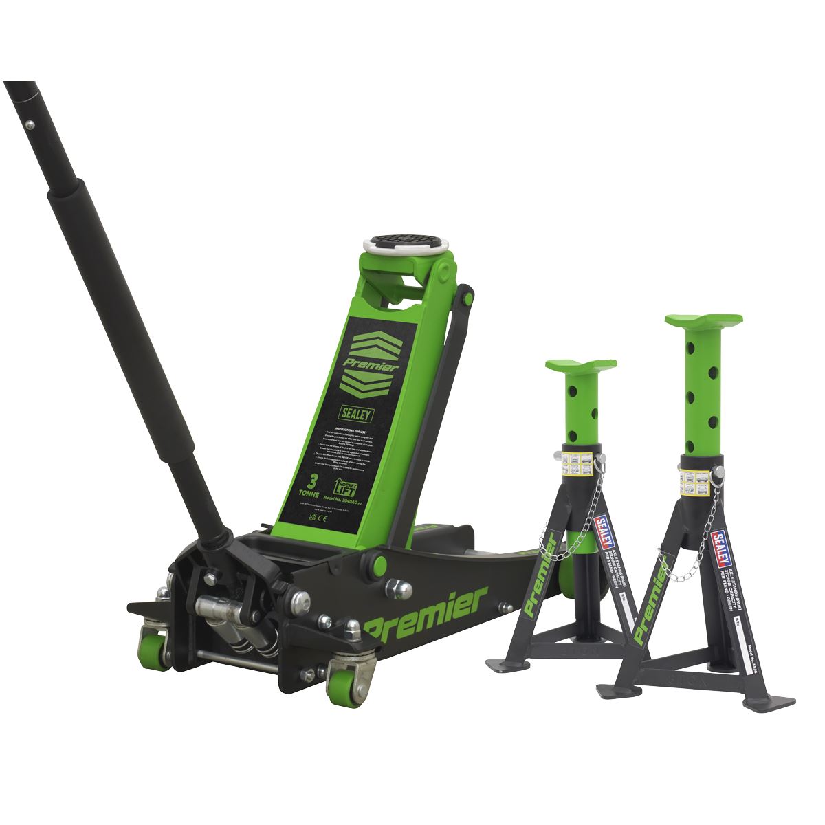Sealey Trolley Jack 3 Tonne & Axle Stands (Pair) 3tonne per Stand Combo 3040AGCOMBO1