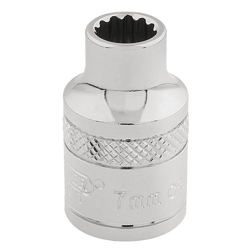 Draper 7mm 12 Point Socket 3/8"D Standard Length Knurled Ring Chrome 32767