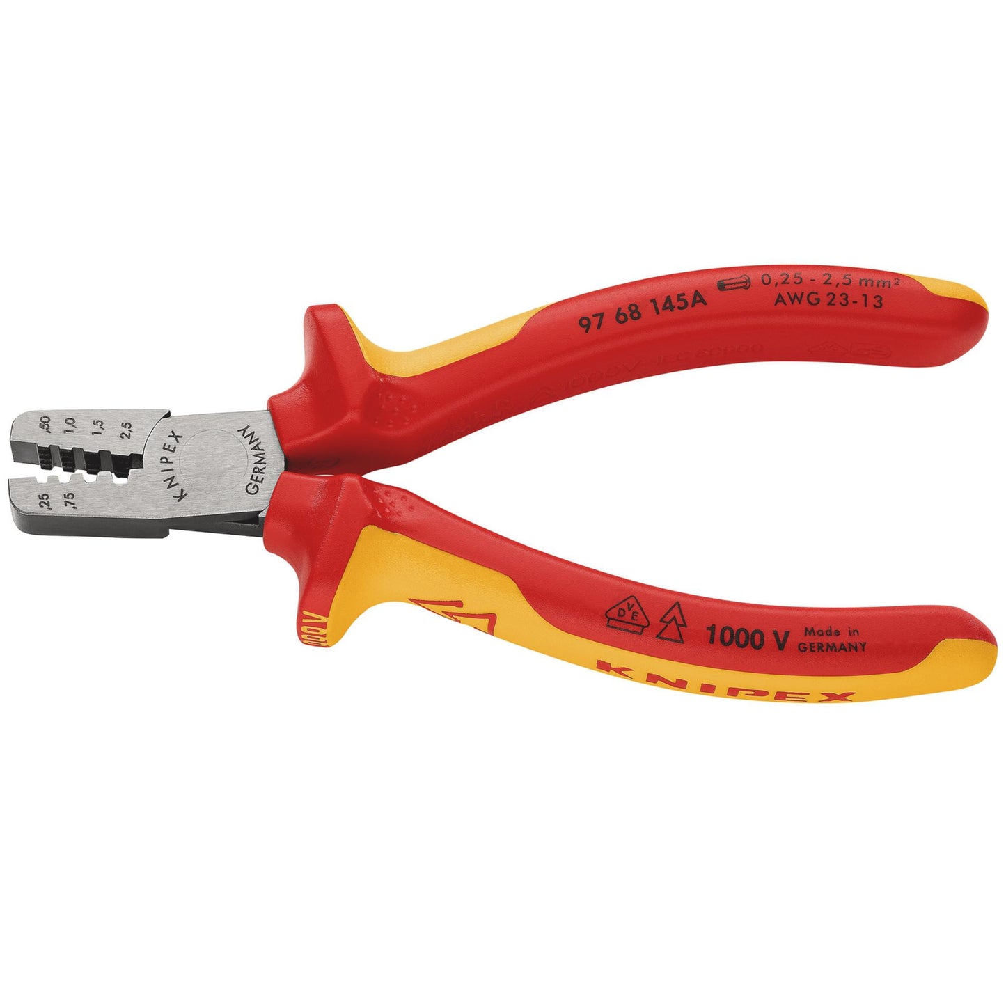 KNIPEX VDE Crimping Pliers for Wire Ferrules 145mm 0.25 to 2.5 mm² - 97 68 145 A