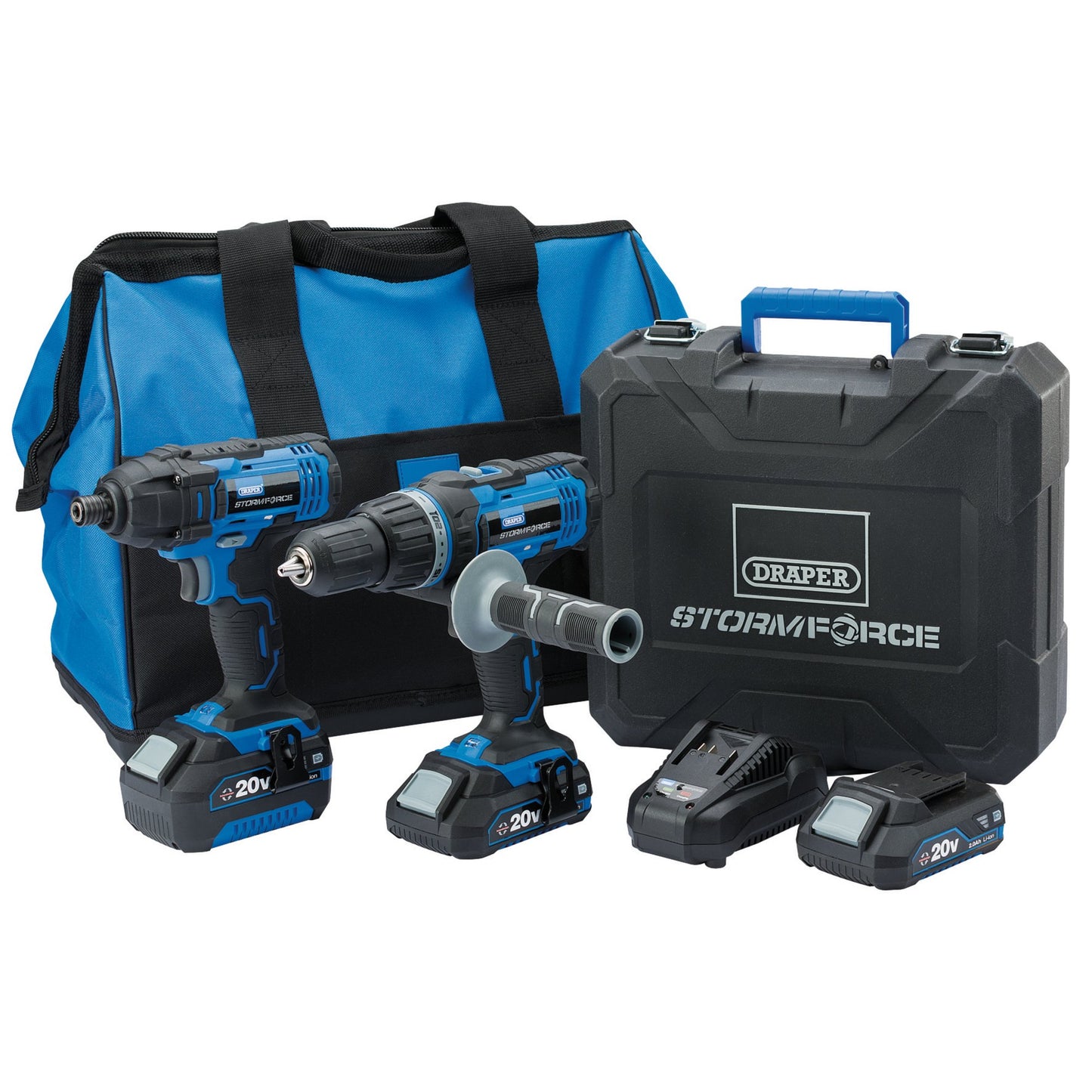 Draper Storm Force 20V Cordless Kit Impact Driver And Combi Drill 7 Piece 40448