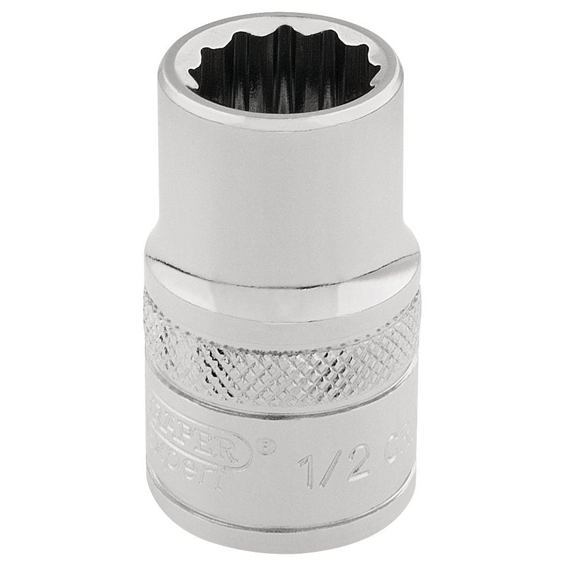 Draper 1/2" 12 Point Socket 3/8"D Standard Length Knurled Ring Chrome 49387