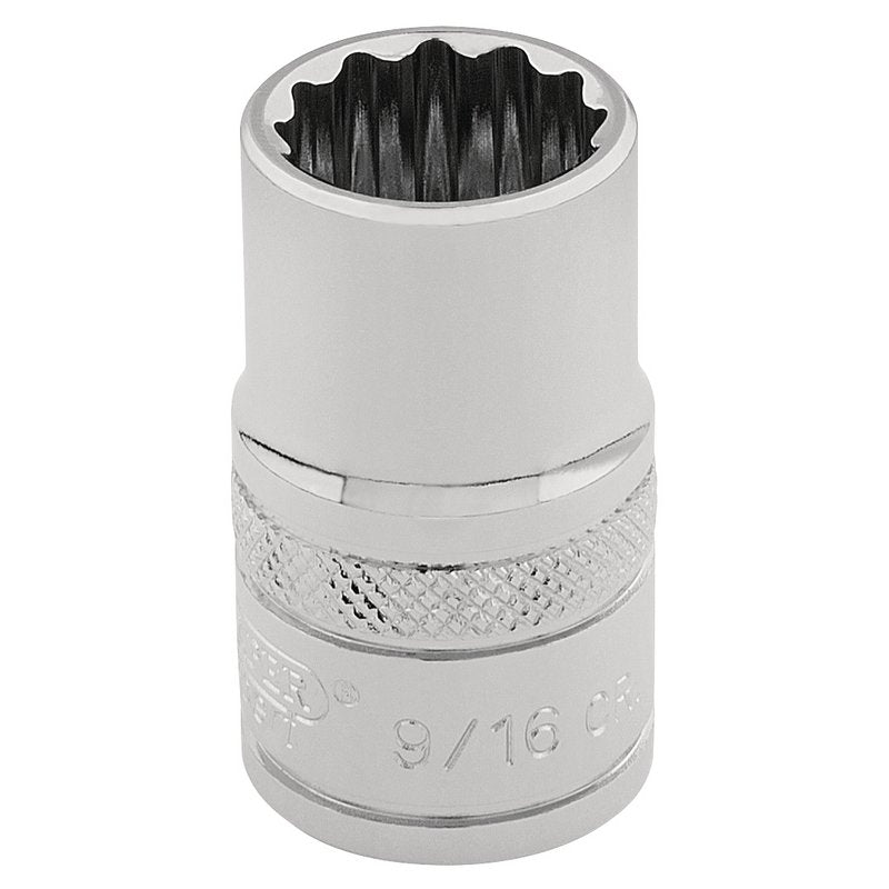 Draper 9/16" 12 Point Socket 3/8"D Standard Length Knurled Ring Chrome 49457