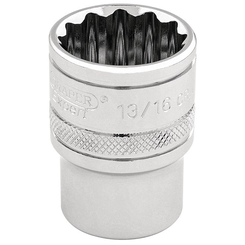 Draper 13/16" 12 Point Socket 3/8"D Standard Length Knurled Ring Chrome 49482