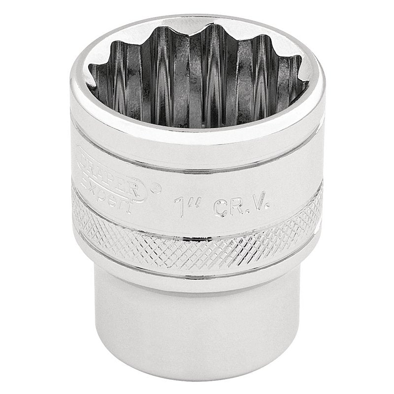 Draper 1" 12 Point Socket 3/8"D Standard Length Knurled Ring Chrome 49484