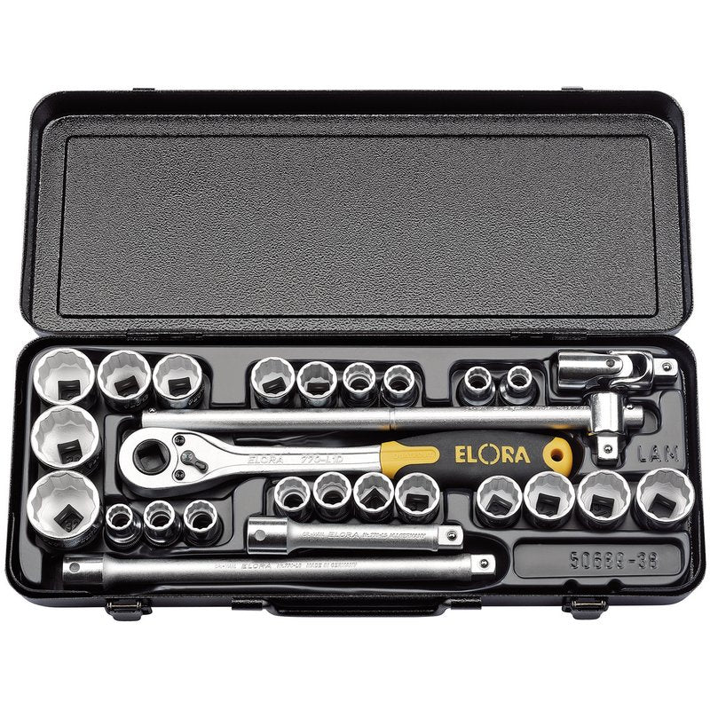 Elora 1/2"D Metric and Imperial Socket Set 28 Piece Standard Length Chrome 50650