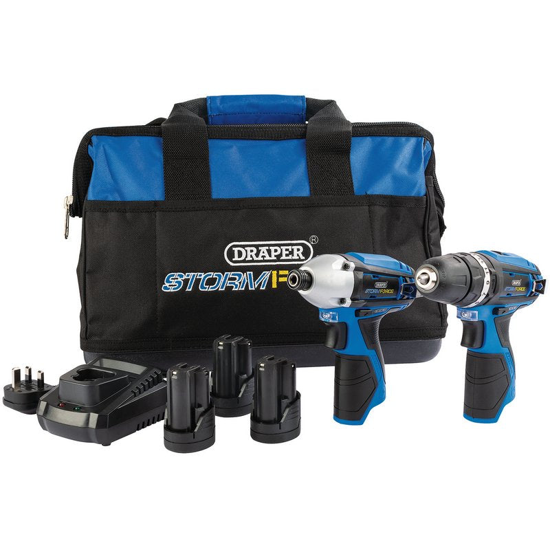 Draper Storm Force® 10.8V Power Interchange Drill and Driver Twin Kit, 3 x 1.5Ah Batteries, 1 x Charger, 1 x Bag