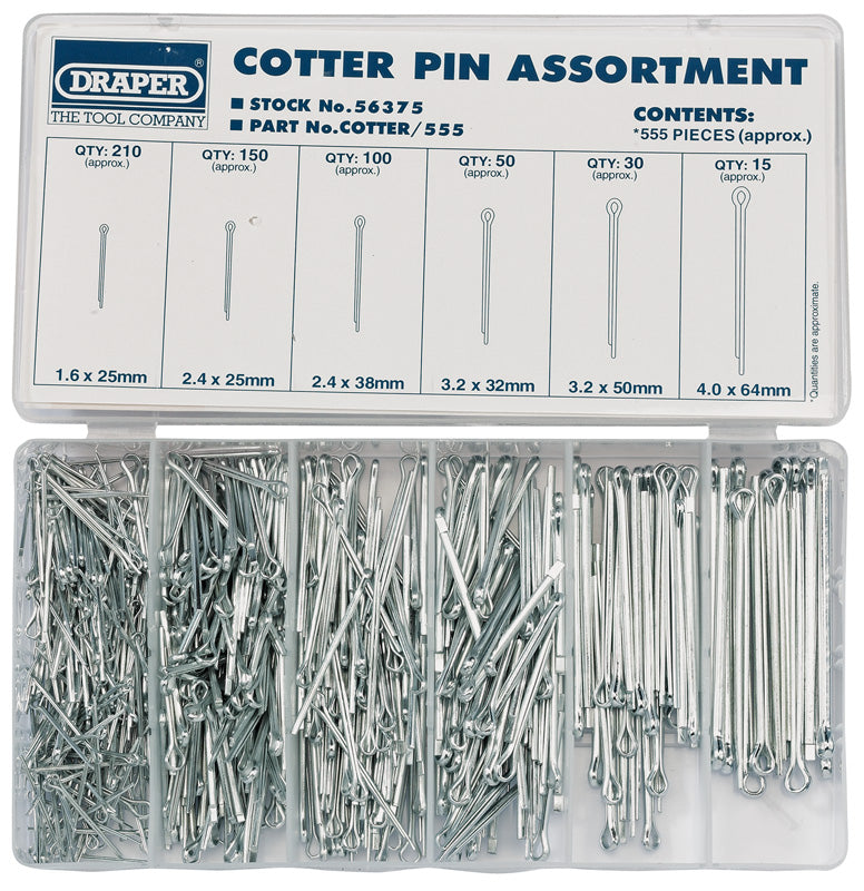 Draper Split Pin Assortment 555 Piece Zinc Plated In Plastic Storage Case 56375