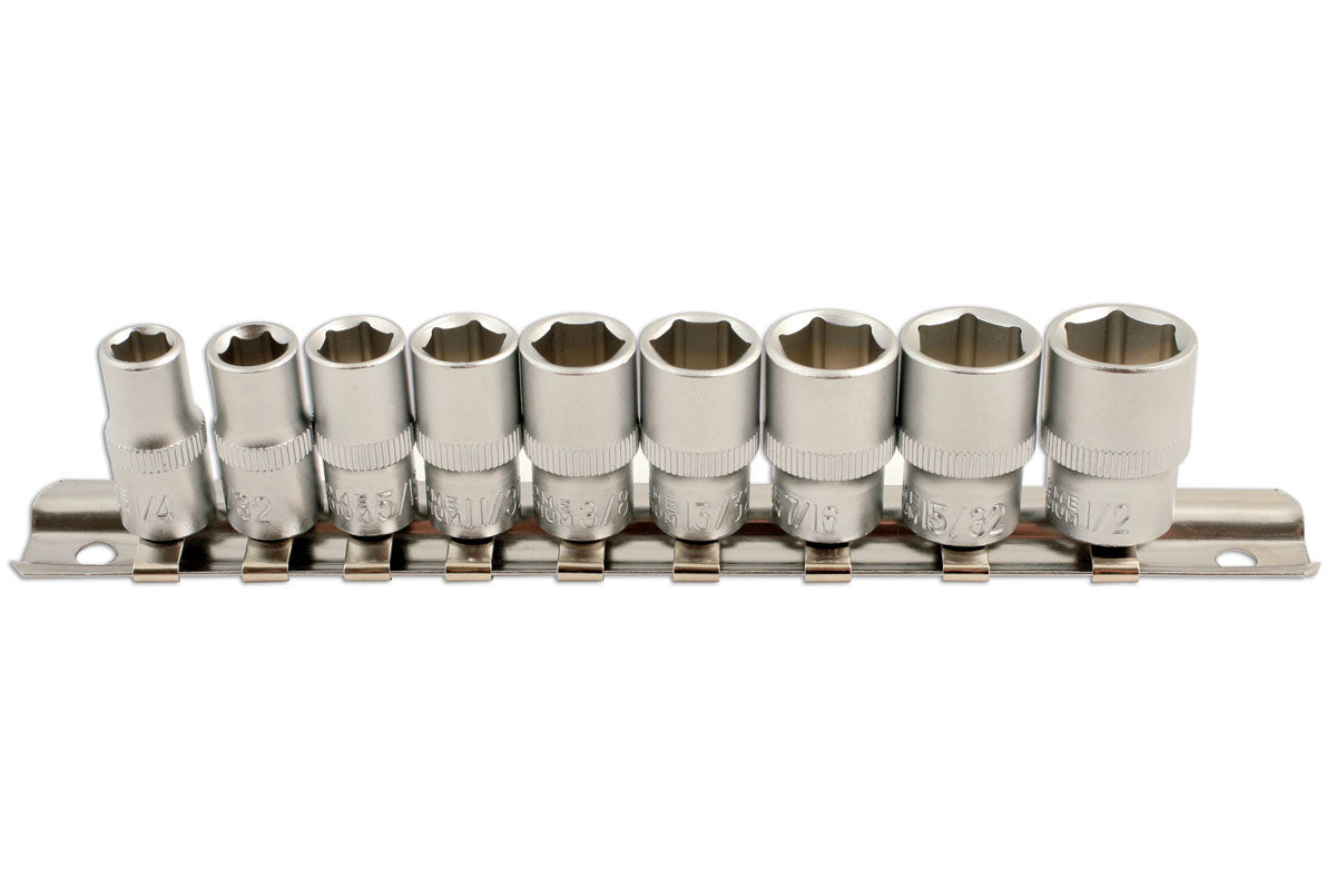 Laser Tools AF Socket Set 1/4"D 9pc 6 pt On A Rail Chrome from 1/4" to 1/2" 5691