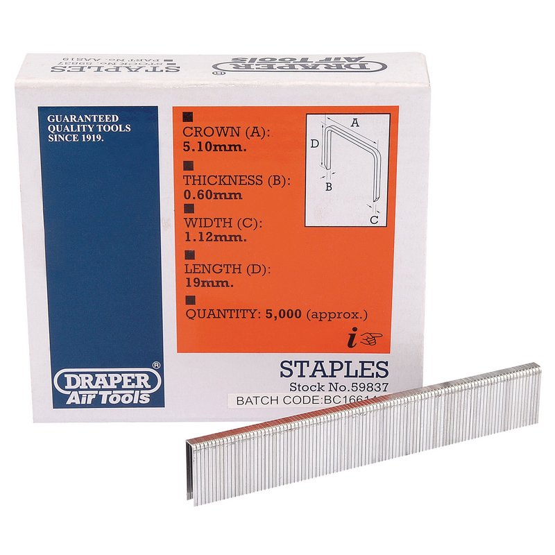 Draper Staples 19mm 5000 Pack Crown 5.1mm Gauge 20 Fits Other Manufactures 59837