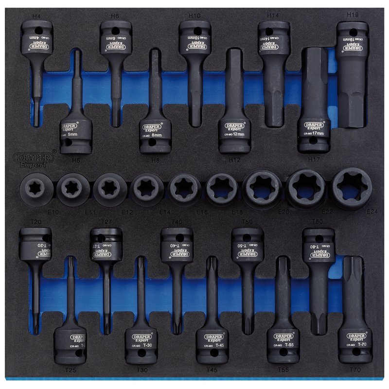 Draper Torx Star Hex Impact Socket Set 1/2"D in 1/2 Drawer EVA Tray 28pc 63490
