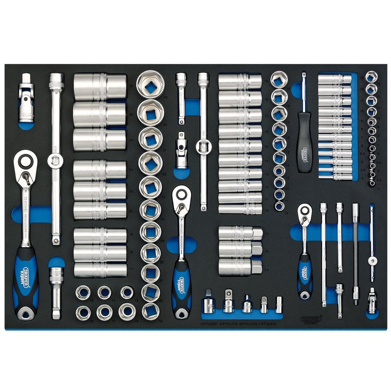 Draper Socket Set in Full Plus Drawer EVA Insert Tray 1/4" 3/8" 1/2" 96 Pc 63537
