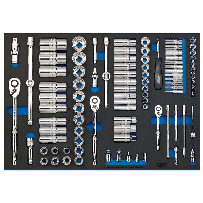 Draper Socket Set in Full Plus Drawer EVA Insert Tray 1/4" 3/8" 1/2" 96 Pc 63539