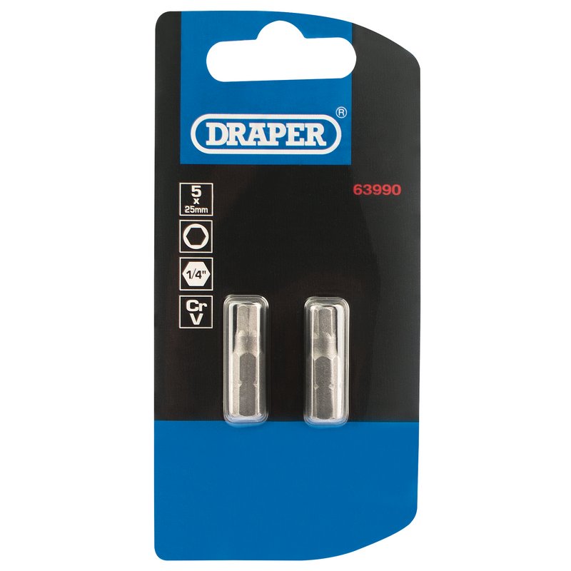 Draper Hexagonal Screwdriver Bit 5mm 1/4" Hex 25mm Long (Pack of 2) 63990