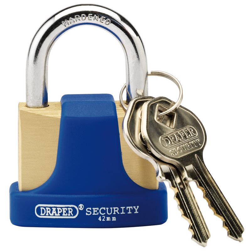 Draper 42mm Solid Brass Padlock 2 Key Hardened Steel Shackle and Bumper 64165