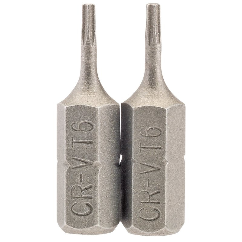 Draper T6 Torx Star Screwdriver Bit 1/4" Hex 25mm Long (Pack of 2) 66338