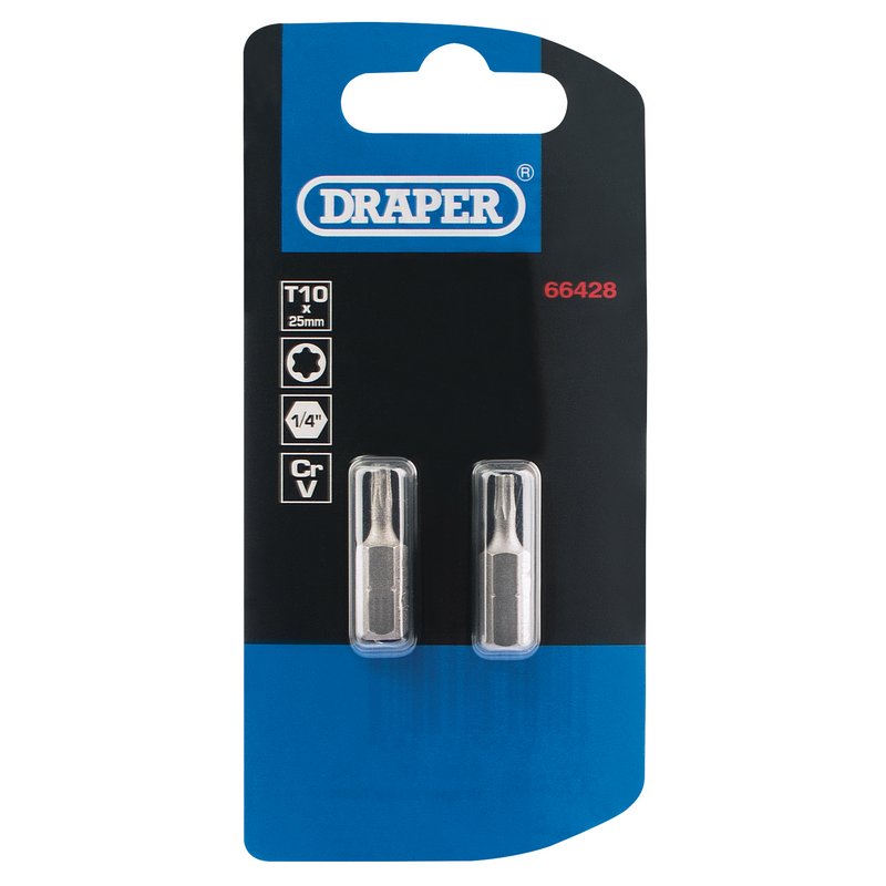 Draper T10 Tor Star Screwdriver Bit 1/4" Hex 25mm Long (Pack of 2) 66428