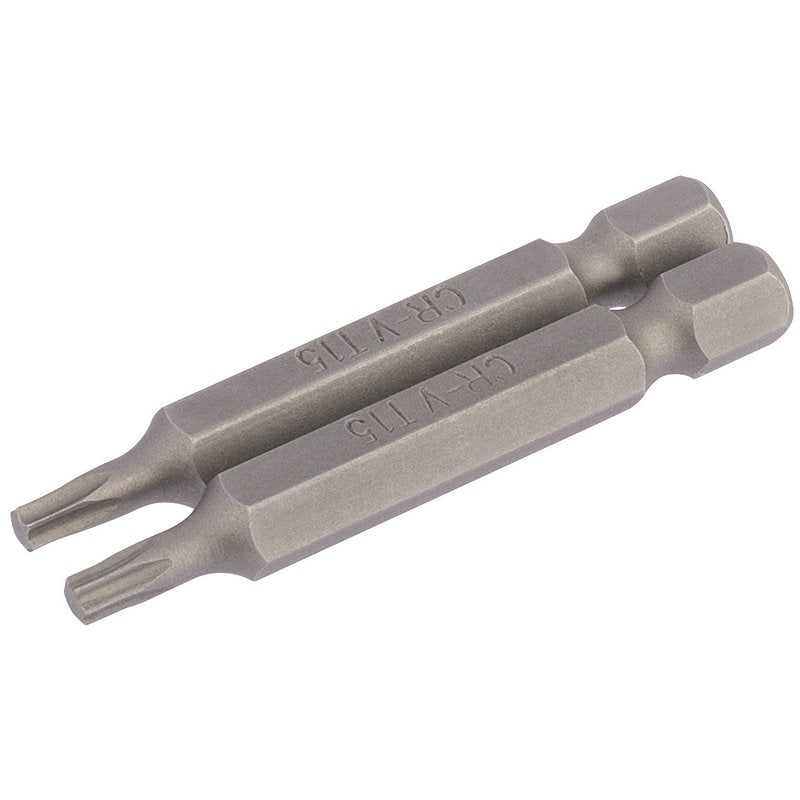 Draper T15 Torx Star Screwdriver Bit 1/4" Hex 50mm Long (Pack of 2) 66487