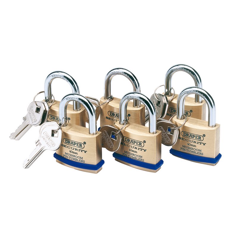 Draper 40mm Solid Brass Padlocks with Hardened Steel Shackle (Pack of 6) 67659