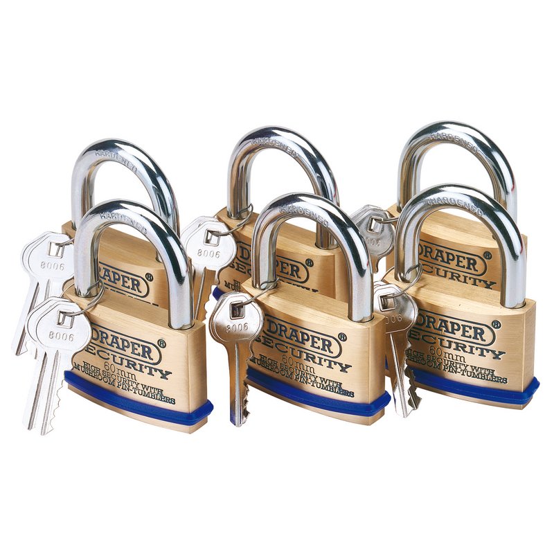 Draper Solid Brass Padlocks with Hardened Steel Shackle 60mm (Pack of 6) 67663