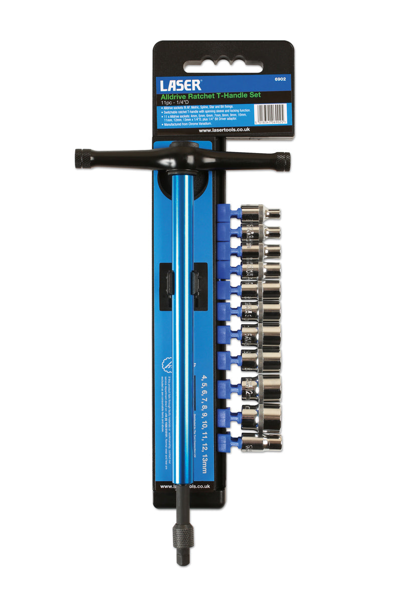 Laser Tools Metric T Handle Alldrive Socket Set 1/4"D 11pc from 4mm to 13mm 6902