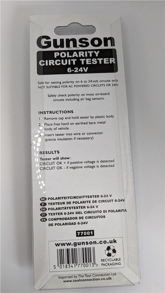 Polarity Circuit Tester Cordless 6-24V positive + neg read out Gunson 77001