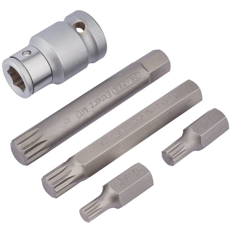 Draper Spline Bit Set 1/2"D 5 Piece inc Holder 6&8 30mm 10&12 75mm Long 83567