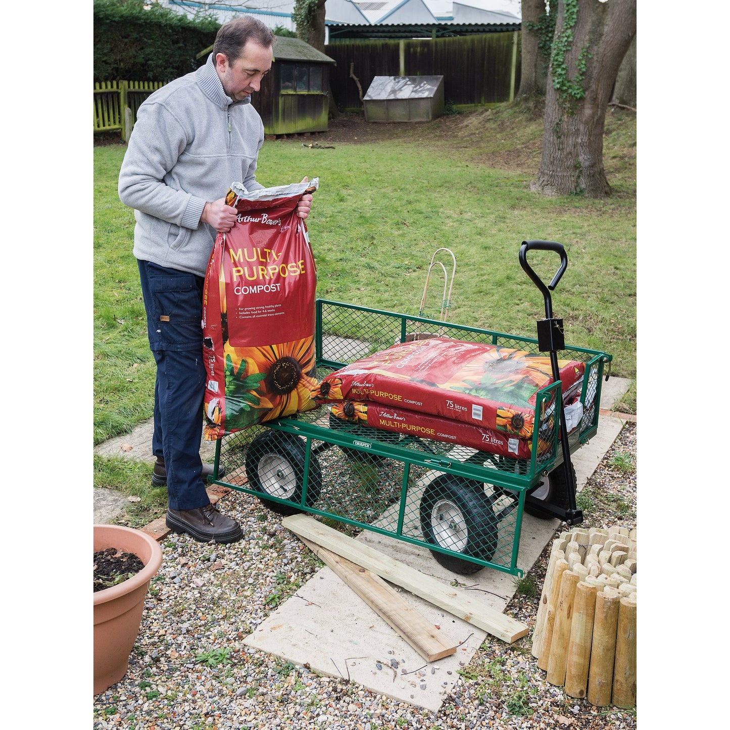 Draper Heavy Duty Steel Mesh Cart 450kg Fold Down Sides Pneumatic Wheels 85634