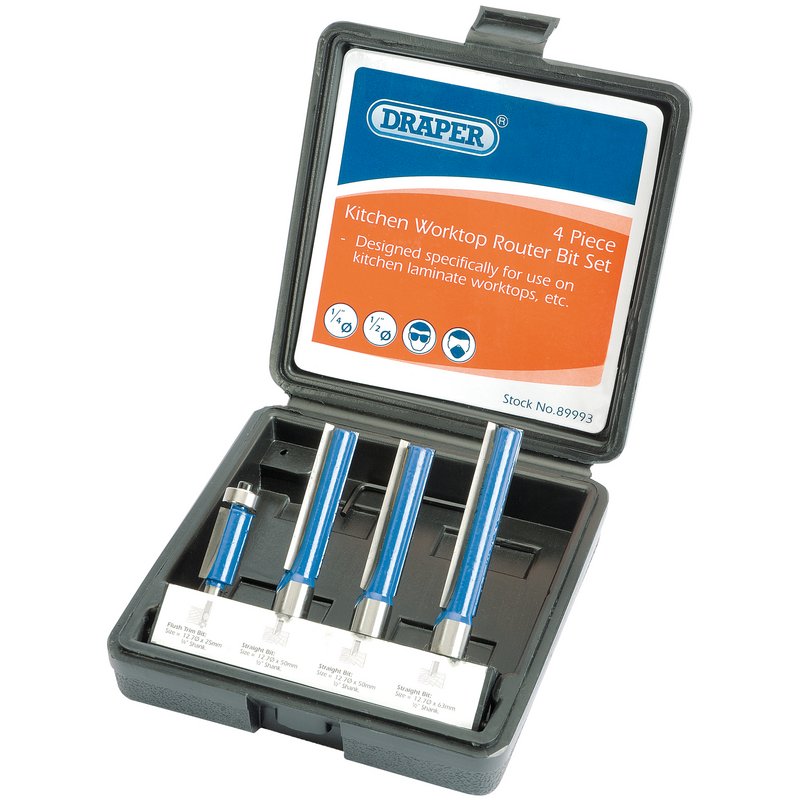 Draper Extra Long Router Bit Set 4 Piece 1/4" and 1/2" shank 89993