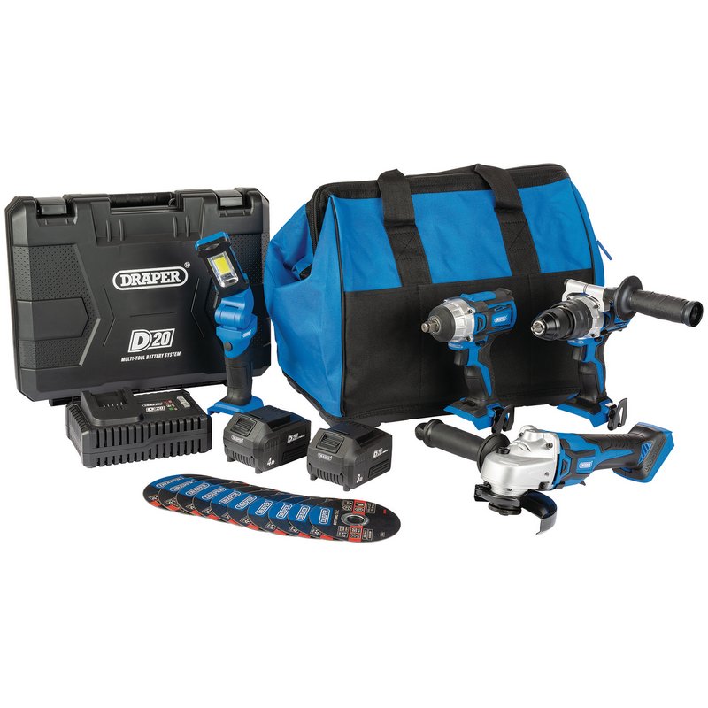 Draper 20V Workshop Kit 2 x Batts Combi Drill Impact Wrench Grinder & Lamp 90470