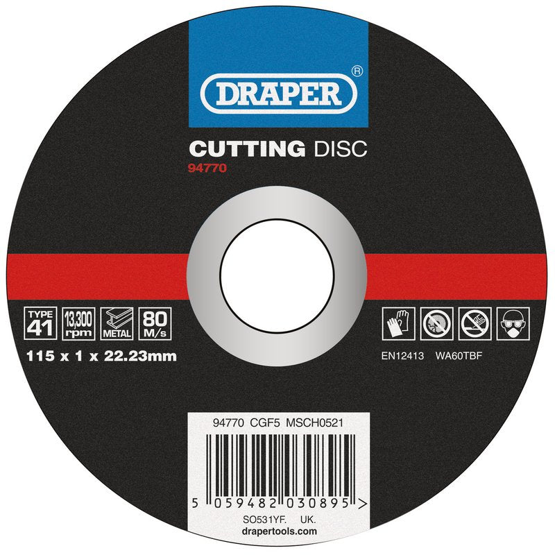 Draper Metal Cutting Disc 115 x 1 x 22.23mm Bonded And Reinforced 94770