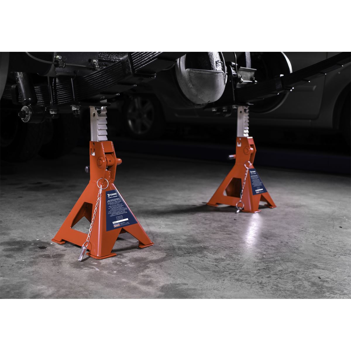 Sealey Axle Stands (Pair) 3tonne Capacity per Stand Auto Rise Ratchet AAS3000