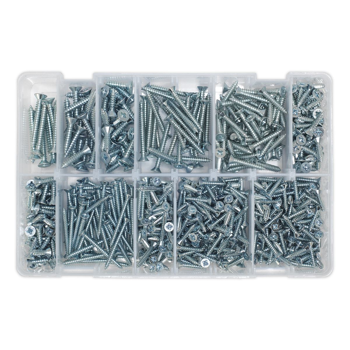 Sealey Self-Tapping Screw Assortment 600pc Countersunk Pozi Zinc AB065STCP