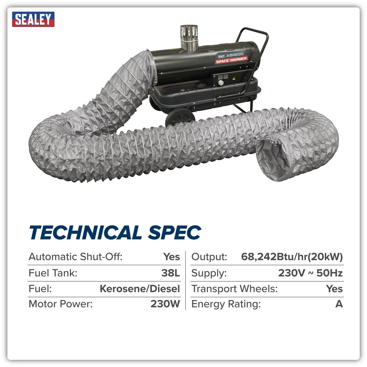 Sealey Space Warmer Kerosene Diesel Heater 68,000 Btu/hr 5M Ducting ABI600COMBO