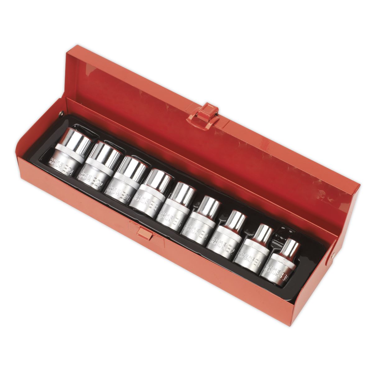 Torx Star Female Socket Set 9pc 1/2"D E10-E24 In Storage Case Sealey AK230