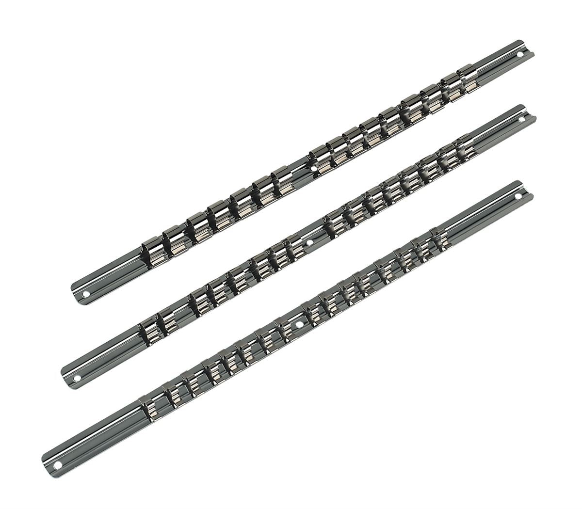Sealey Socket Retaining Rail Set 3pc 1/4" 3/8" 1/2"D 410mm Rails 16 Clips AK270