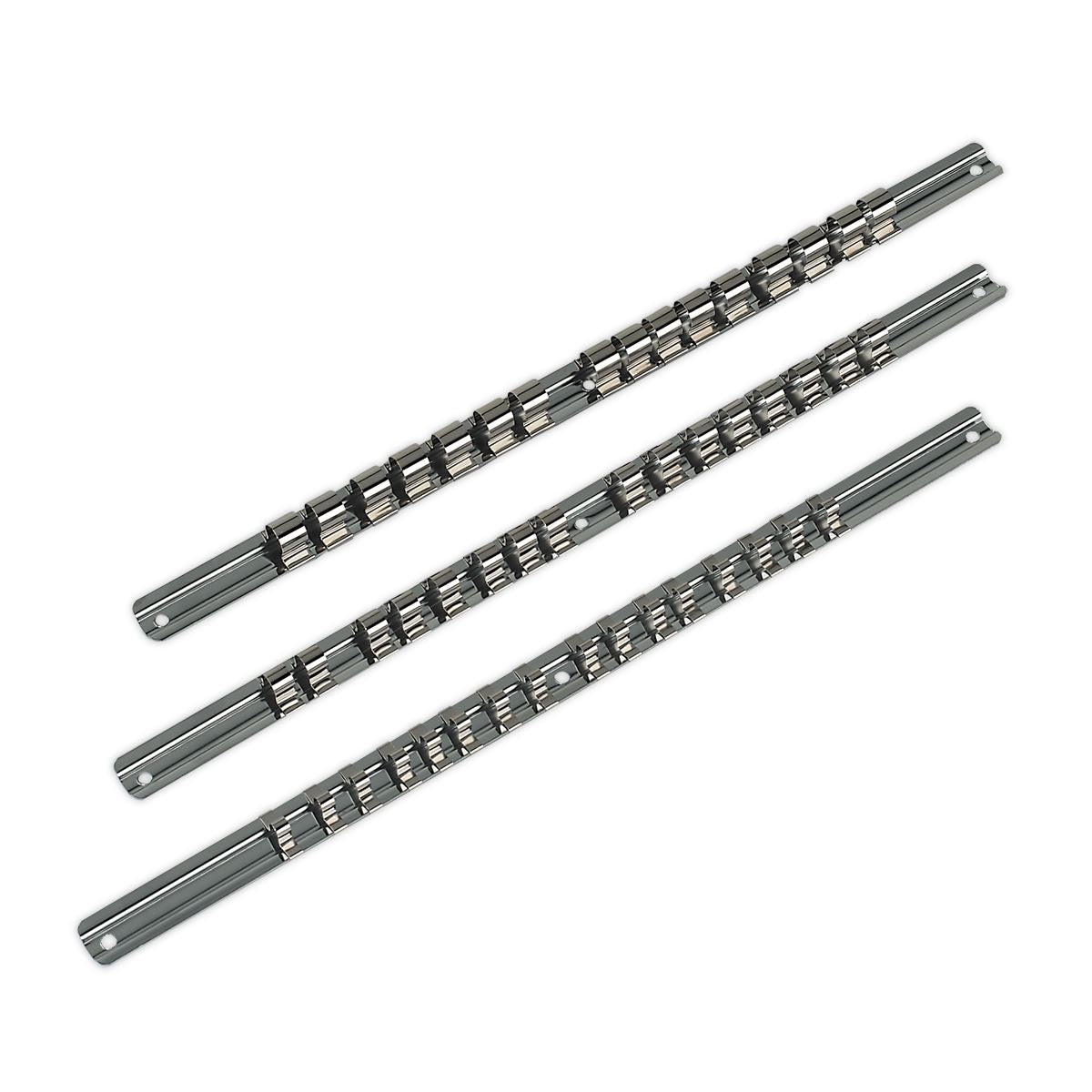 Sealey Socket Retaining Rail Set 3pc 1/4" 3/8" 1/2"D 410mm Rails 16 Clips AK270