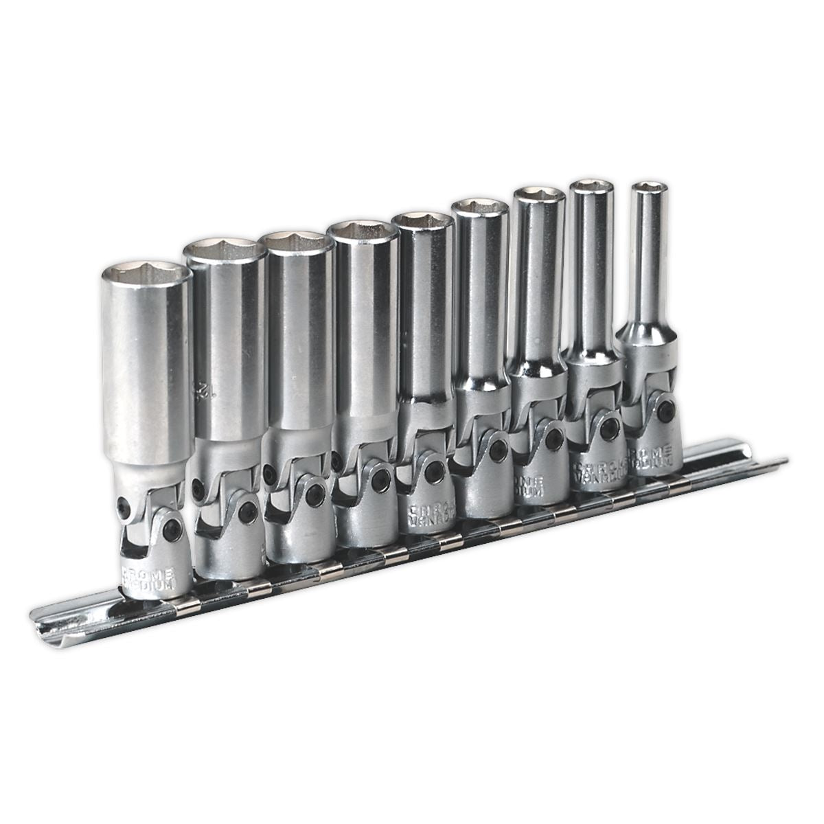 Sealey Socket Retaining Rail Set 3pc 1/4" 3/8" 1/2"D 410mm Rails 16 Clips AK270