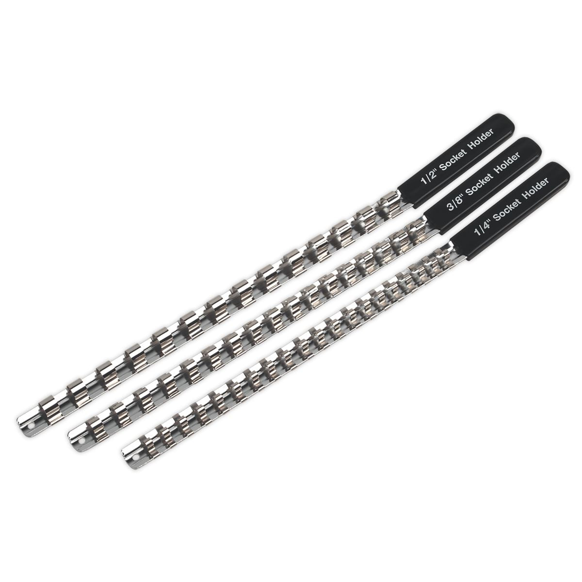 Sealey Socket Retaining Rail Set 3pc 1/4" 3/8" 1/2"D 410mm Rails 16 Clips AK270