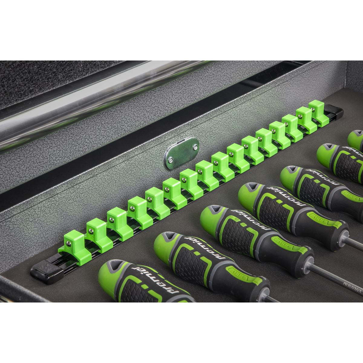 Sealey Socket Retaining Rail with 16 Clips 1/2"Sq Drive - Hi-Vis Green AK27054HV
