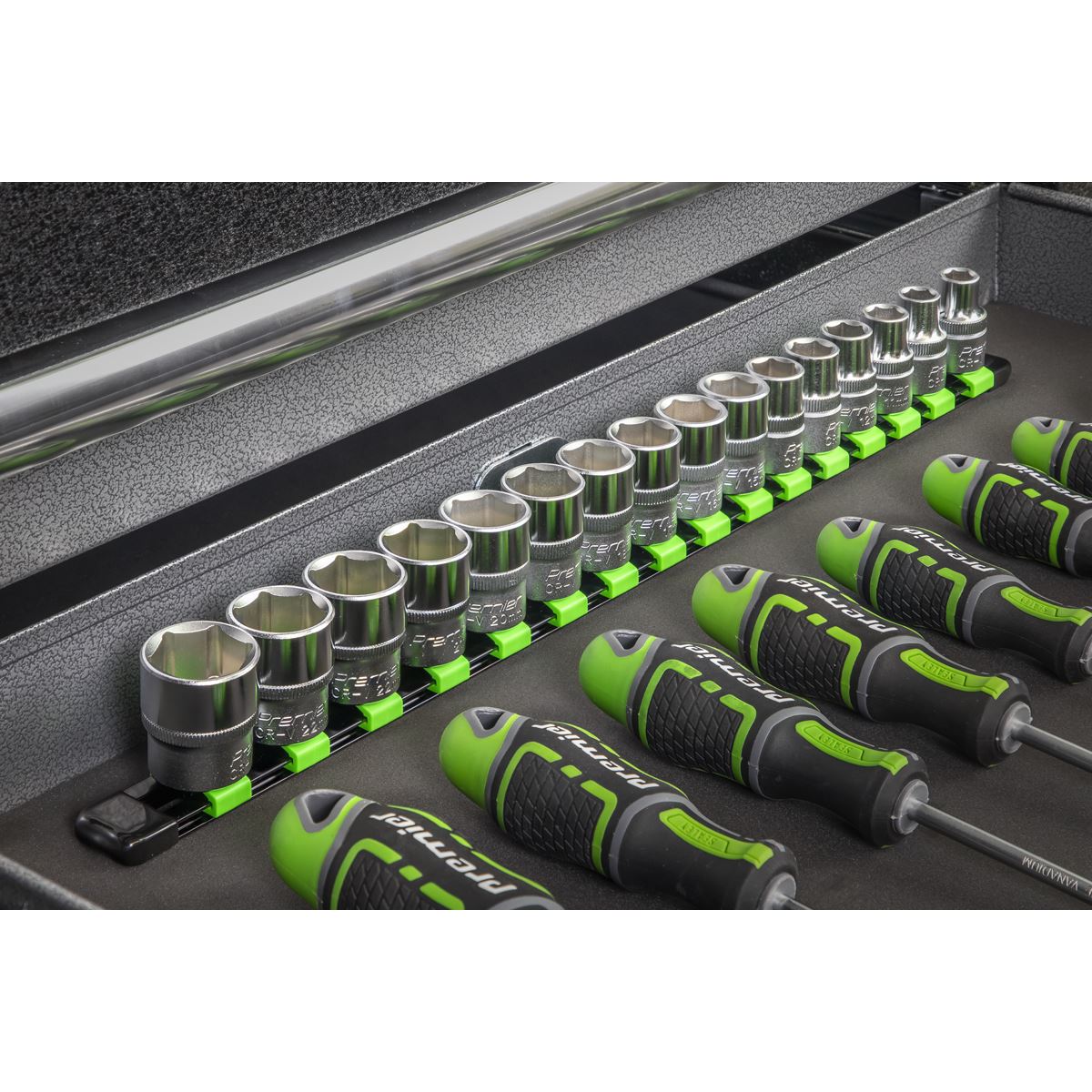 Sealey Socket Retaining Rail with 16 Clips 1/2"Sq Drive - Hi-Vis Green AK27054HV