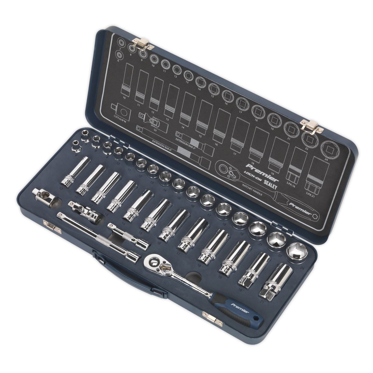 Sealey Metric Socket Set 34pc 3/8"Sq Drive Lock On 6pt Mirror Finish AK27481