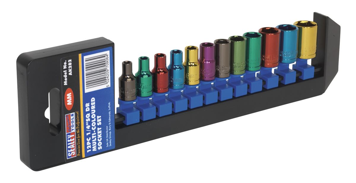 Sealey Metric Multi Coloured Socket Set 12pc 1/4"Sq Drive 6pt Standard AK282