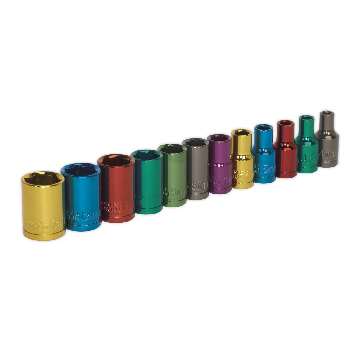 Sealey Metric Multi Coloured Socket Set 12pc 1/4"Sq Drive 6pt Standard AK282
