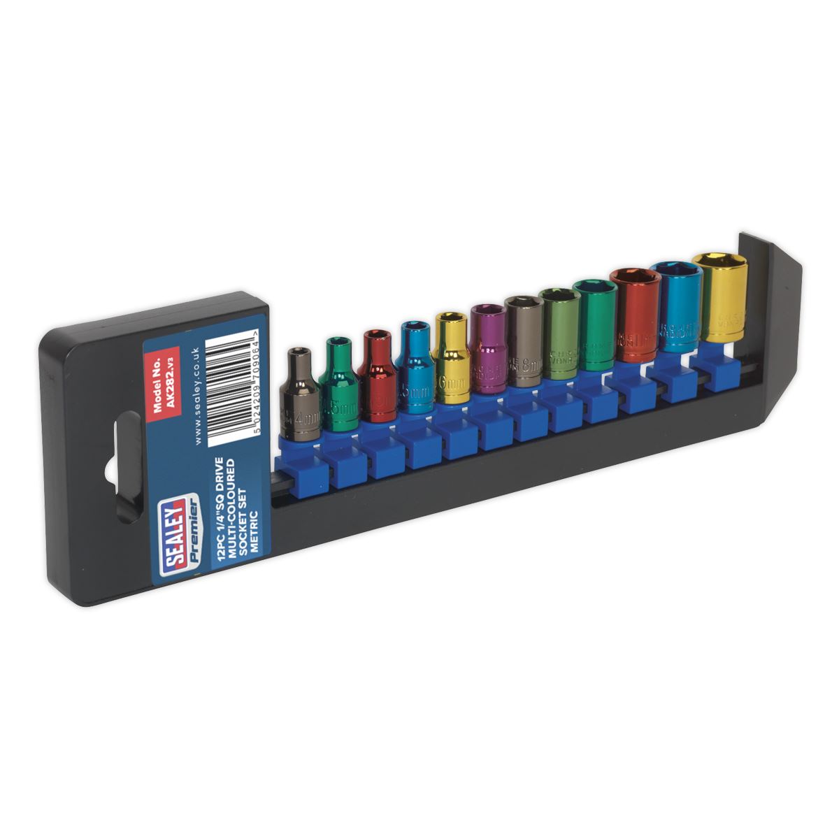 Sealey Metric Multi Coloured Socket Set 12pc 1/4"Sq Drive 6pt Standard AK282