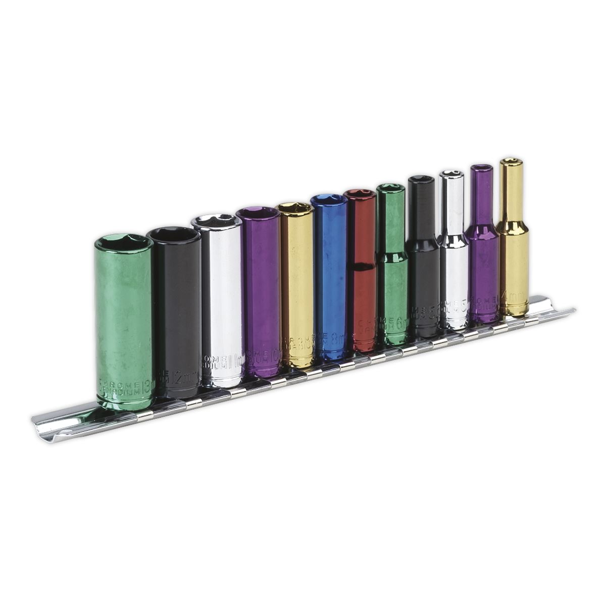 Sealey Metric Multi Coloured Socket Set 12pc 1/4"Sq Drive 6pt Deep AK282D