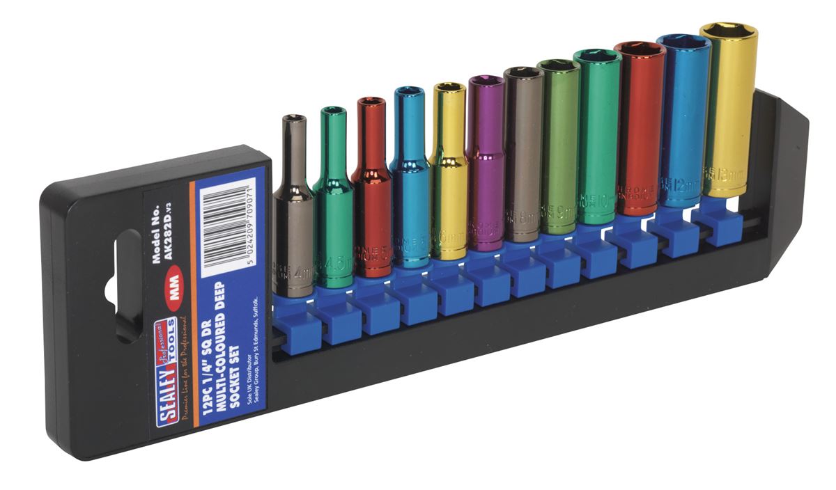 Sealey Metric Multi Coloured Socket Set 12pc 1/4"Sq Drive 6pt Deep AK282D